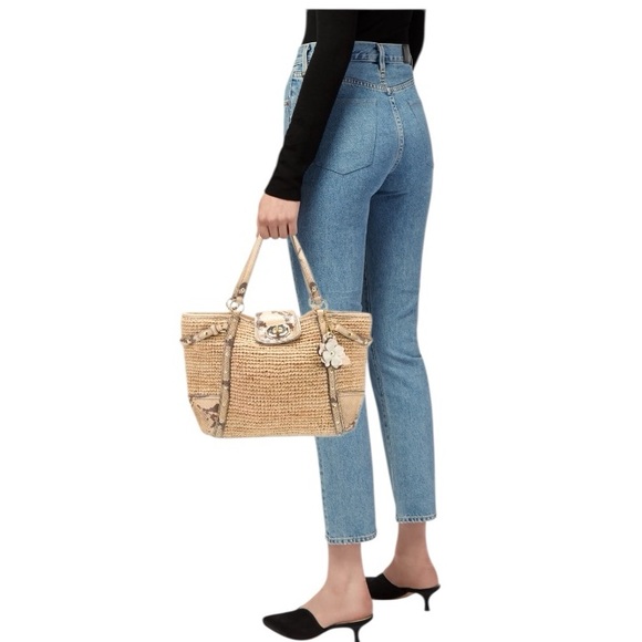 COACH Natalie Weekender Straw Leather Python Turn Lock Tote Bag 16839 $398 - Picture 2 of 11